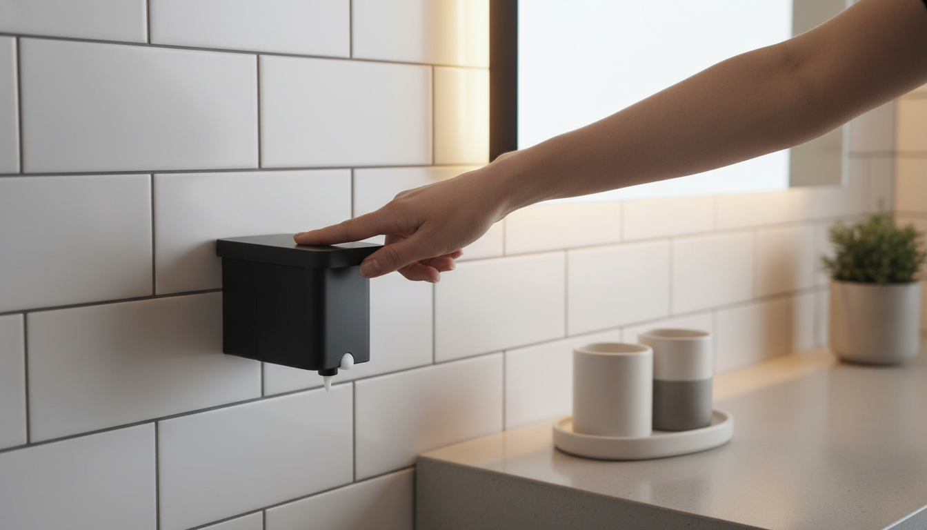 Distributeur de savon mural adhésif noir mat dans une salle de bain