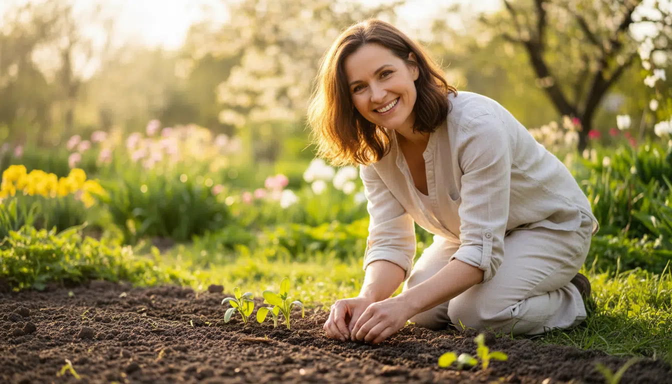 Femme semant des graines dans un jardin ensoleillé au printemps