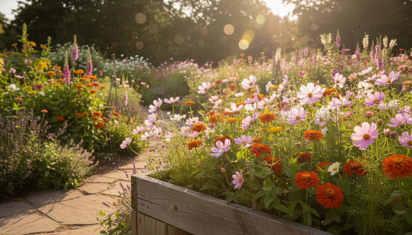 Cosmos et zinnias en fleurs dans un jardin coloré