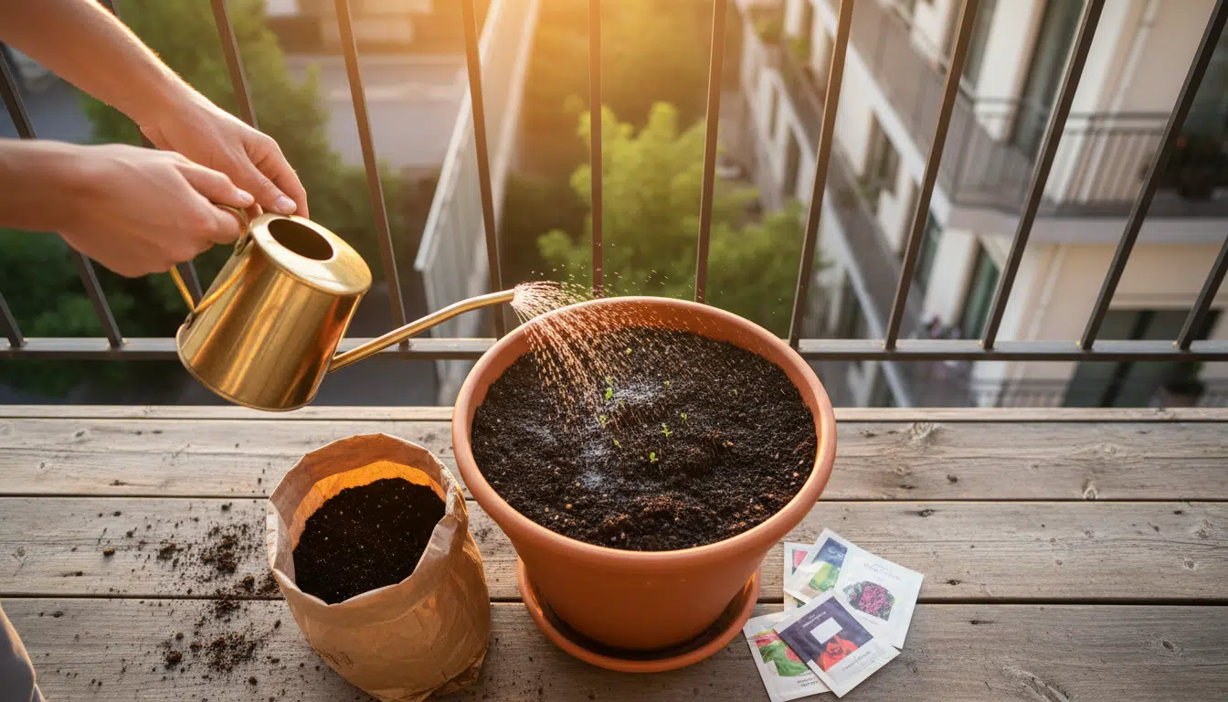 Arrosage de semis en pot sur un balcon urbain au matin