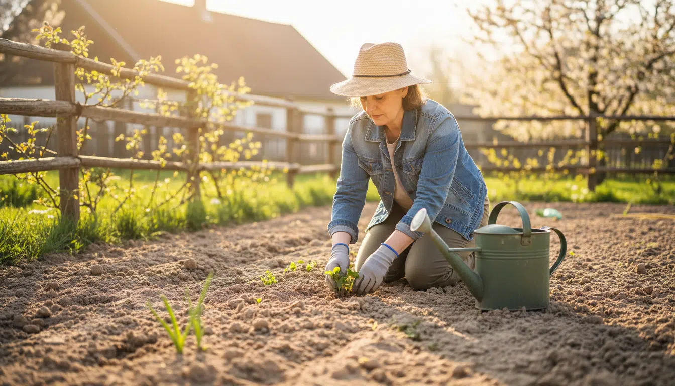 Femme plantant des fleurs dans un sol sec fin mars