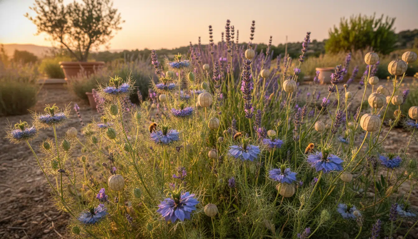 Nigelle de Damas en fleur dans un jardin sec et ensoleillé