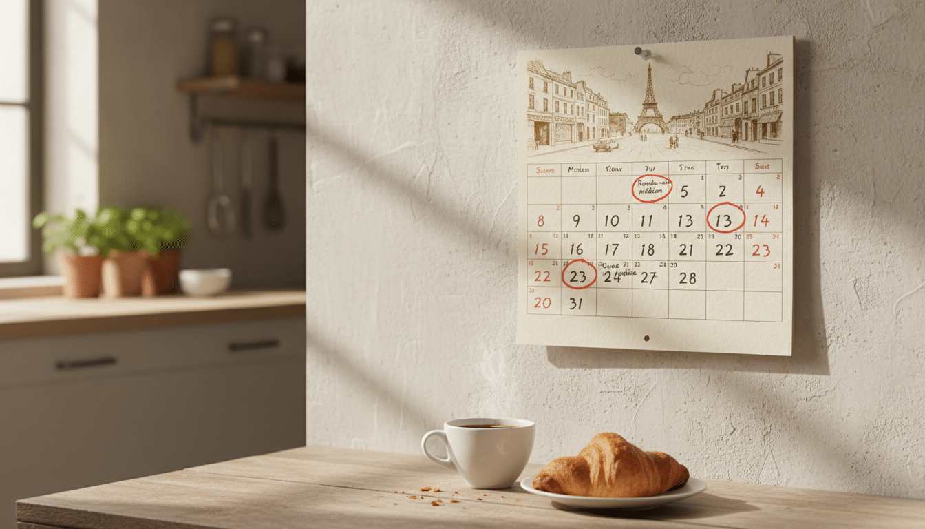 Calendrier français affiché dans une cuisine avec plusieurs dates entourées en rouge, évoquant les nouveaux jours fériés proposés par LFI