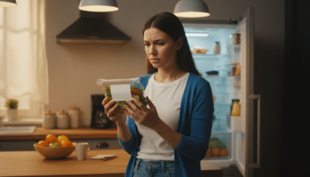 Femme vérifiant un plat préparé dans son réfrigérateur
