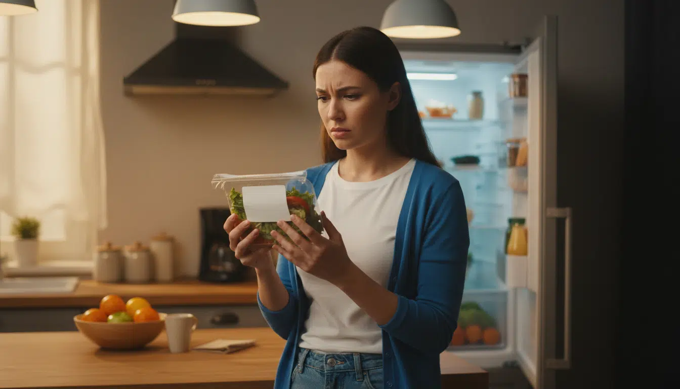 Femme vérifiant un plat préparé dans son réfrigérateur