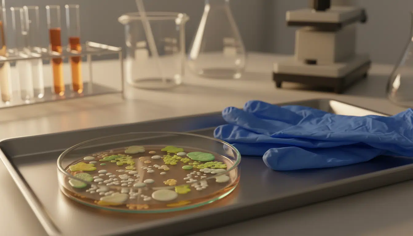 Boîte de Petri avec colonies de bactéries en laboratoire