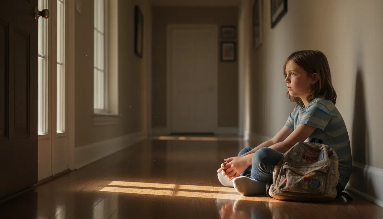 Enfant seul attendant devant une porte avec son sac