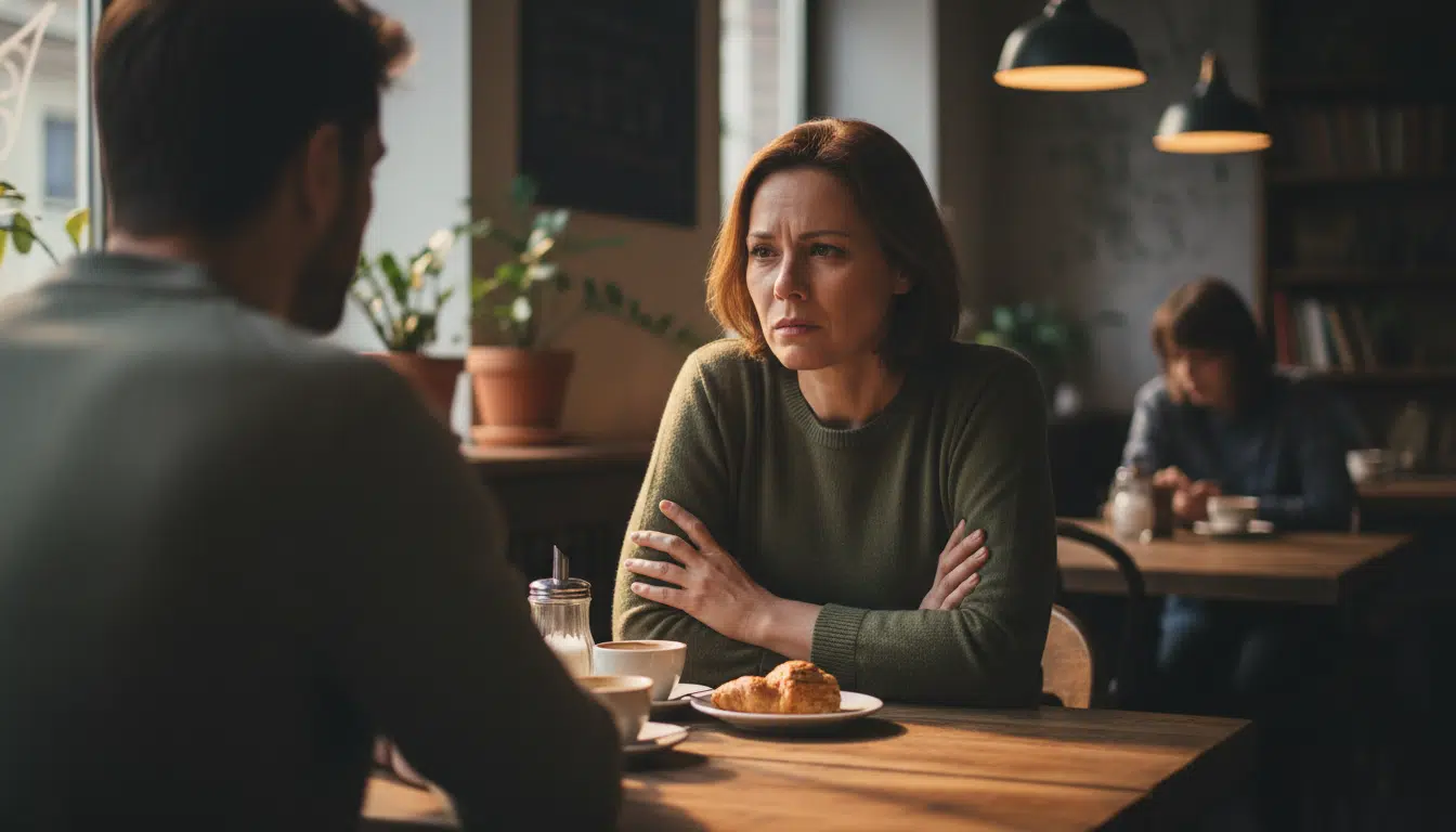 Femme adulte méfiante lors d'une conversation au café