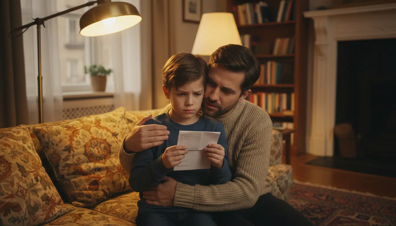 Parent serrant un enfant tenant un bulletin scolaire