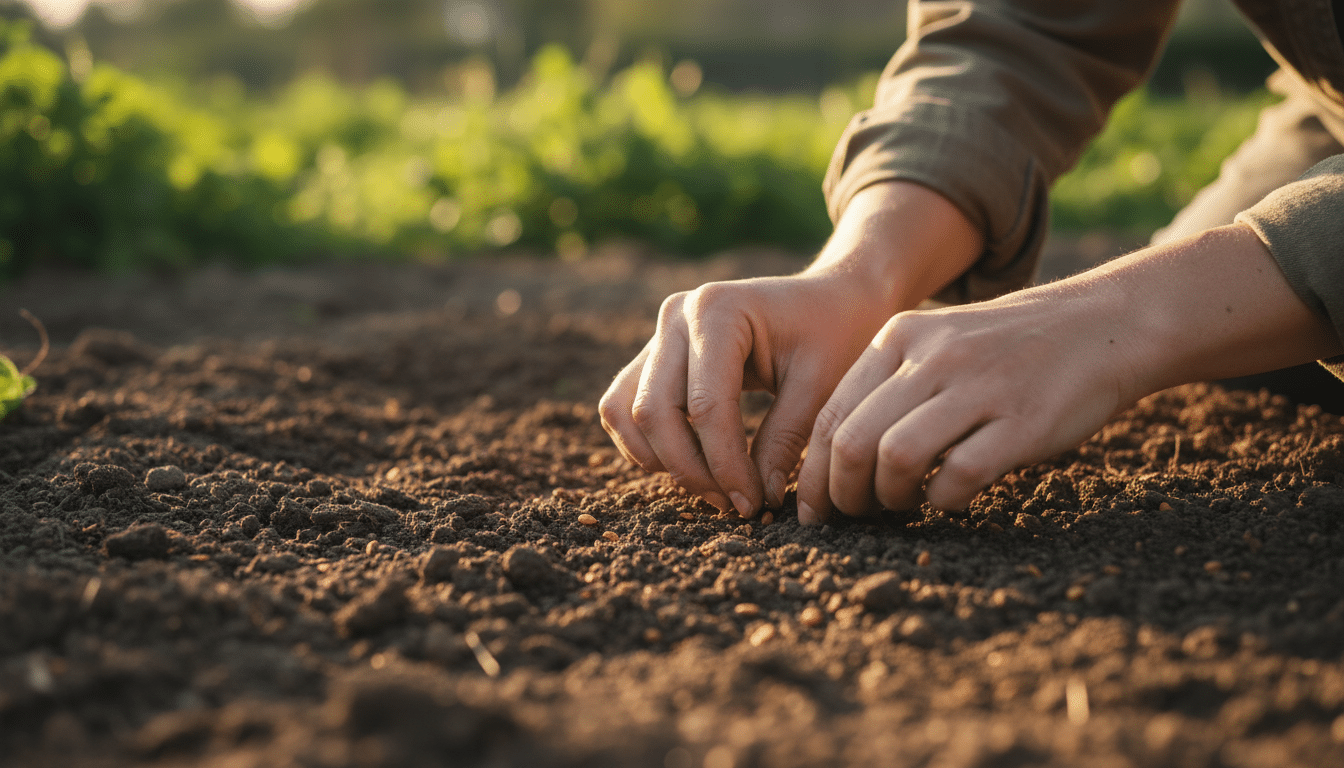 Mains de femme semant des graines dans la terre au jardin