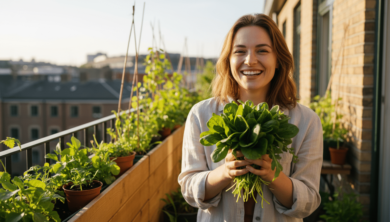 Femme souriante récoltant des jeunes pousses de roquette sur balcon