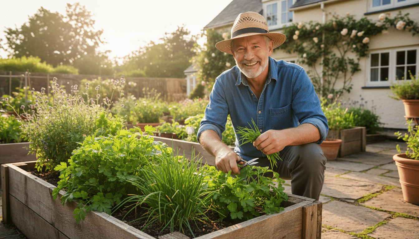 Homme coupant des herbes aromatiques fraîches au potager