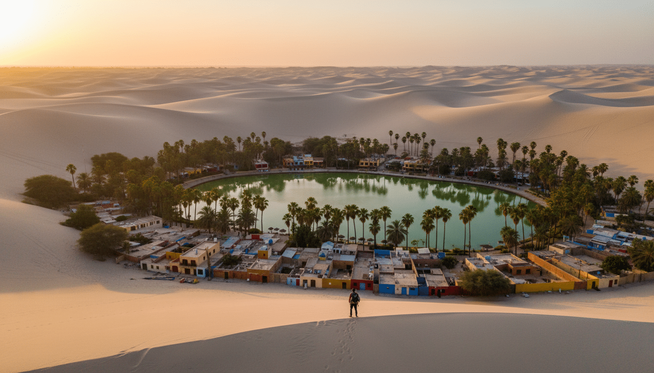 Oasis de Huacachina entourée de dunes au Pérou