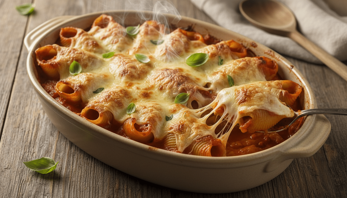 Plat de conchiglioni farcis gratinés au four avec mozzarella