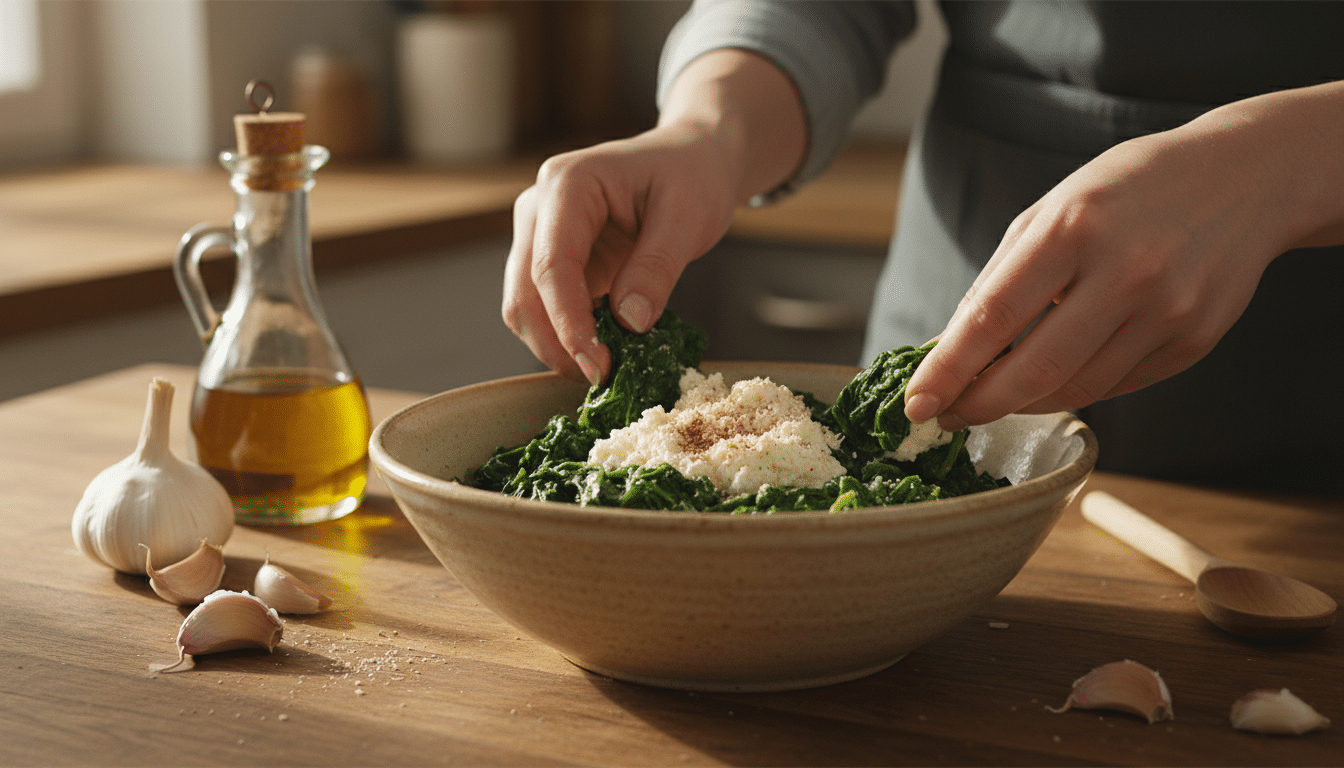 Préparation de la farce ricotta épinards à la muscade