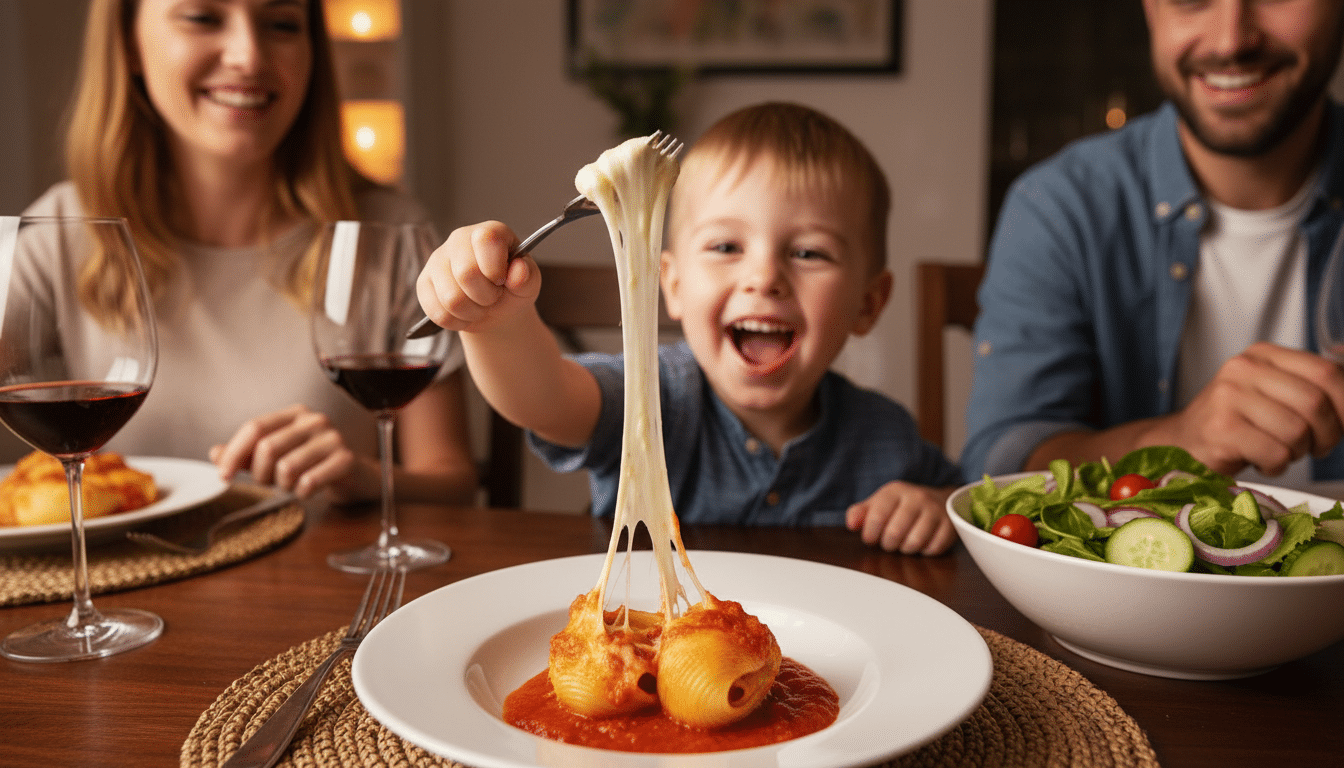 Enfant dégustant un conchiglione farci au dîner en famille