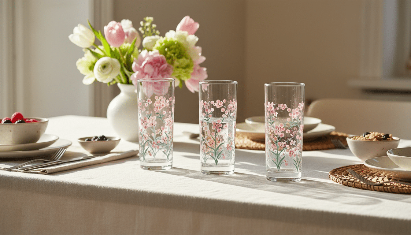 Lot de trois verres fleuris rose et vert sur table printanière