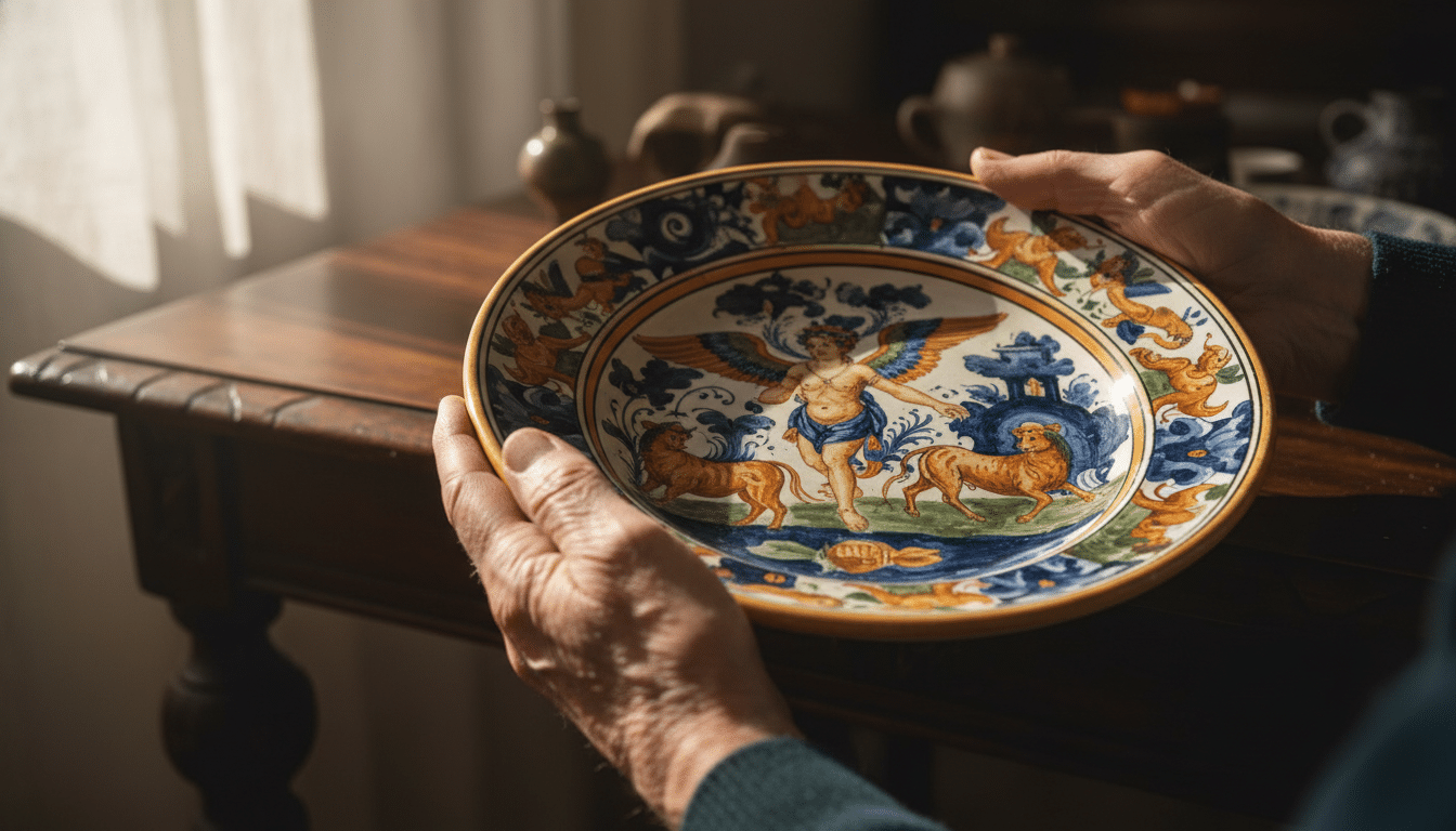 Majolique italienne ancienne aux décors colorés tenue avec soin