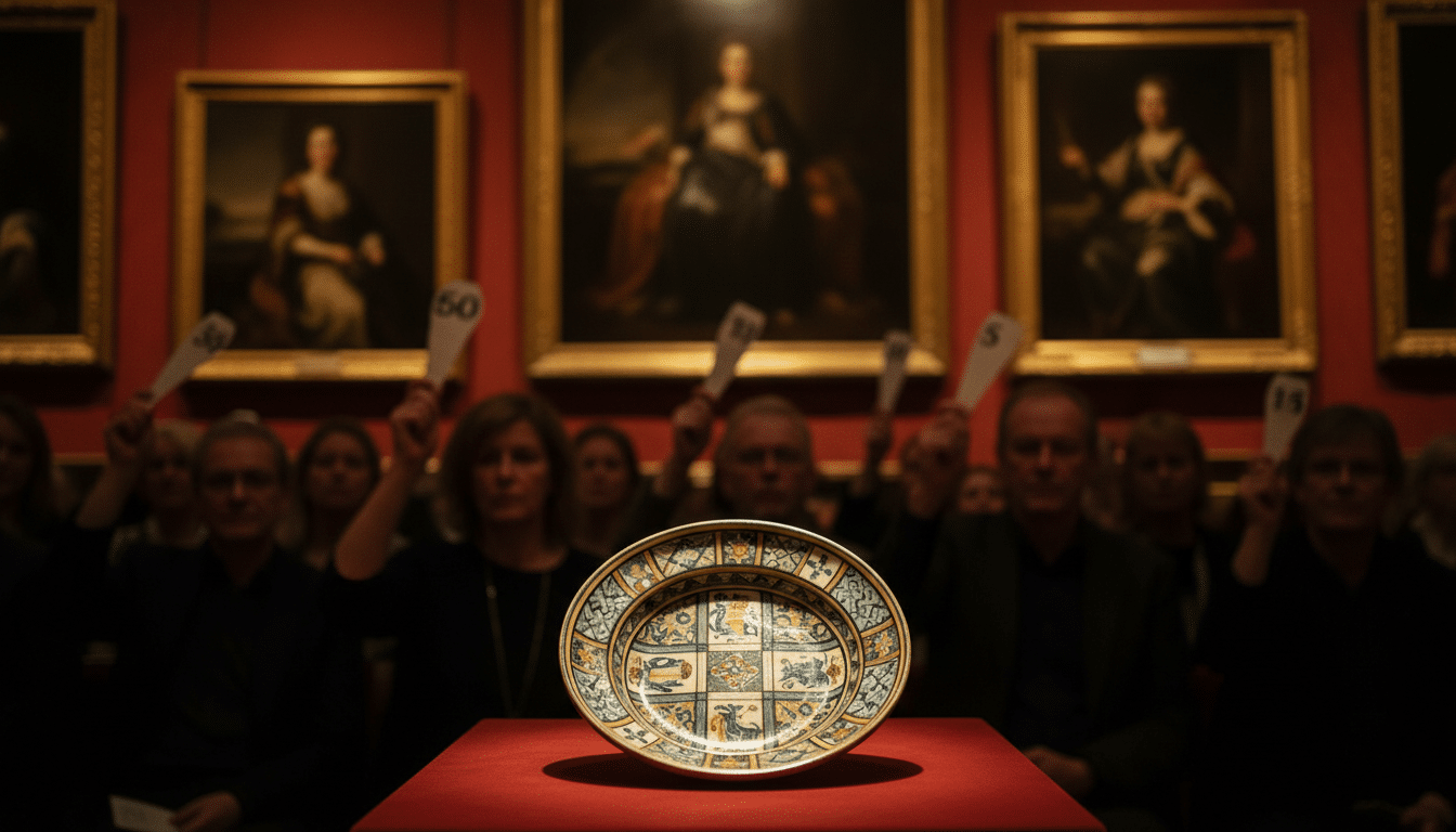 Assiette majolique Renaissance présentée lors d'une vente aux enchères