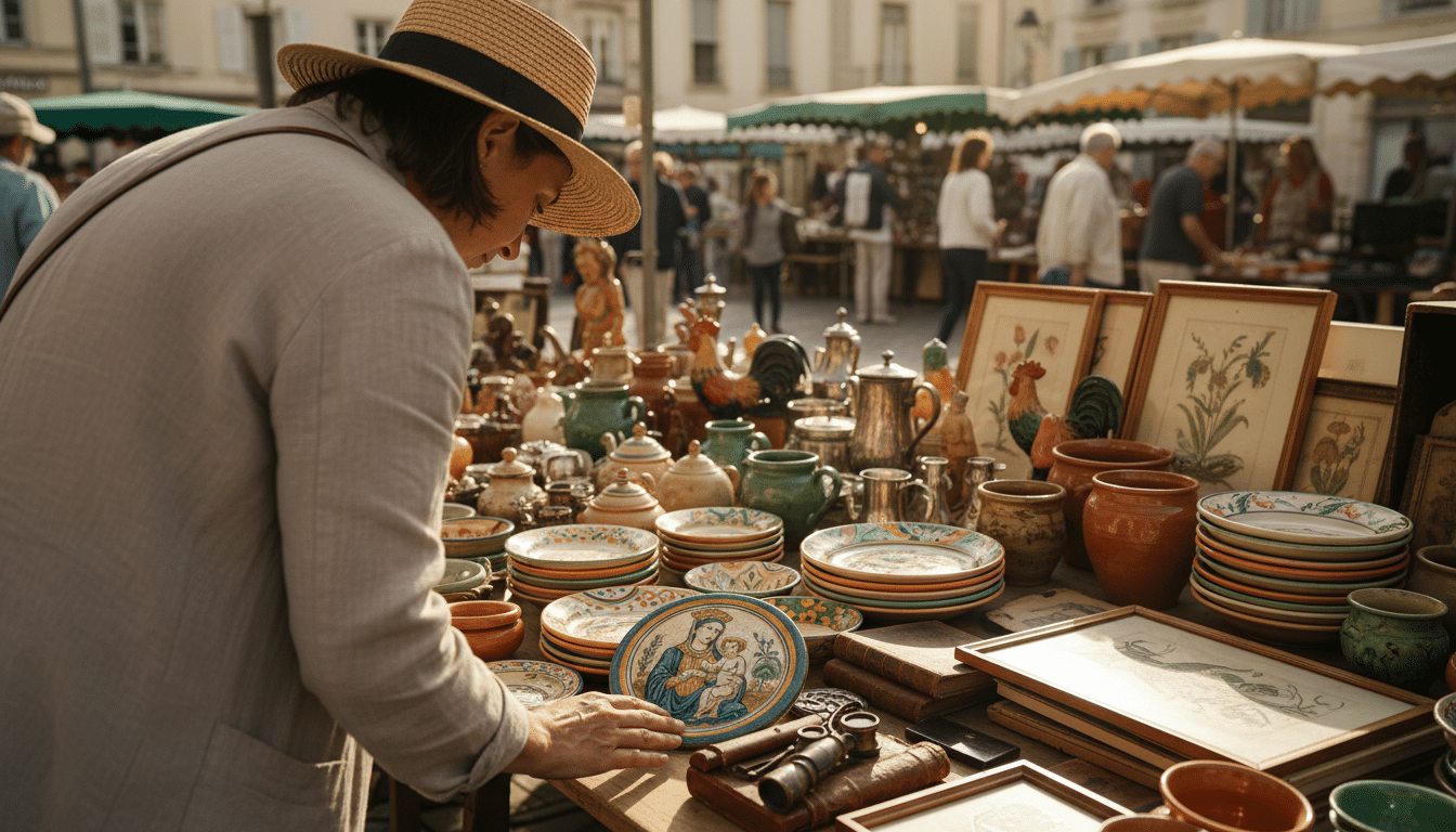 Plaque en majolique découverte sur un étal de brocante française