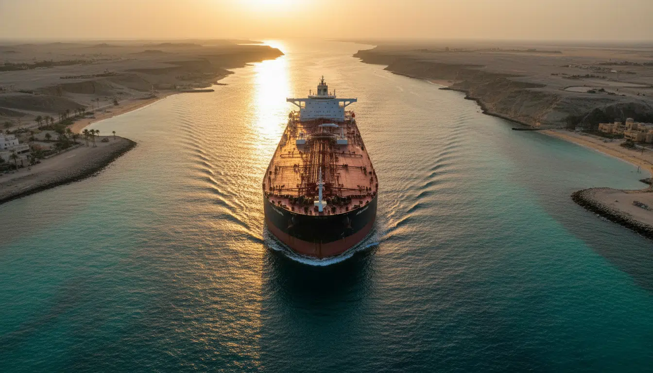 Pétrolier traversant le détroit d'Ormuz au coucher du soleil