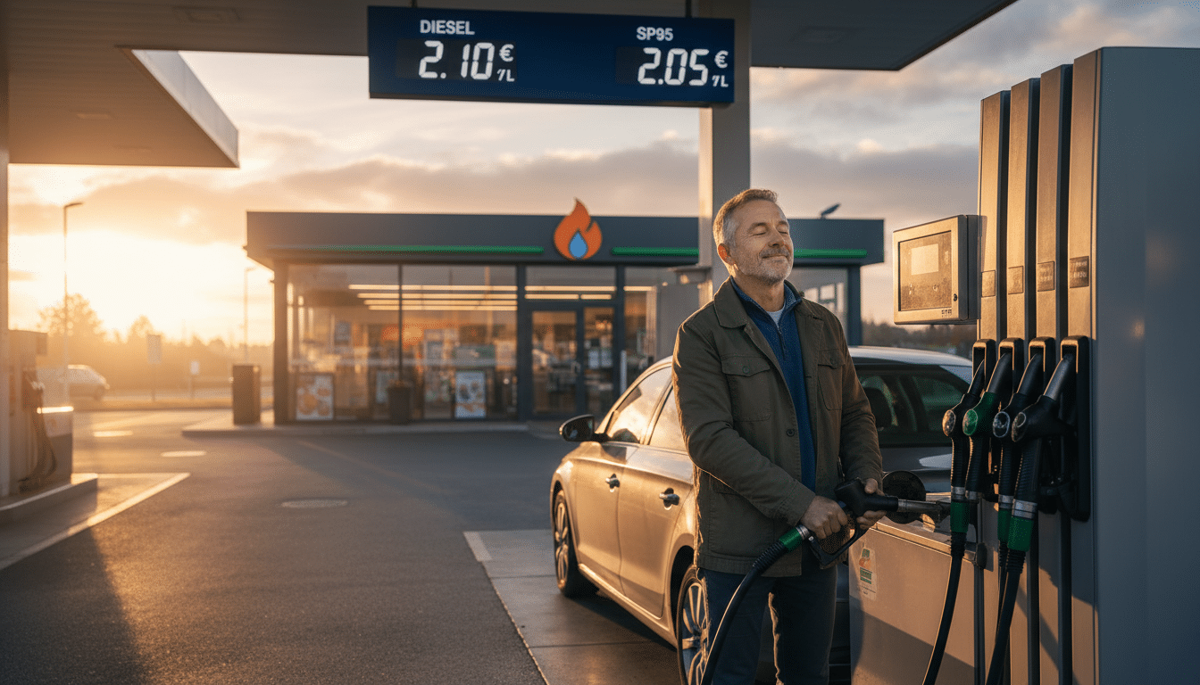 Automobiliste devant une pompe à essence en France
