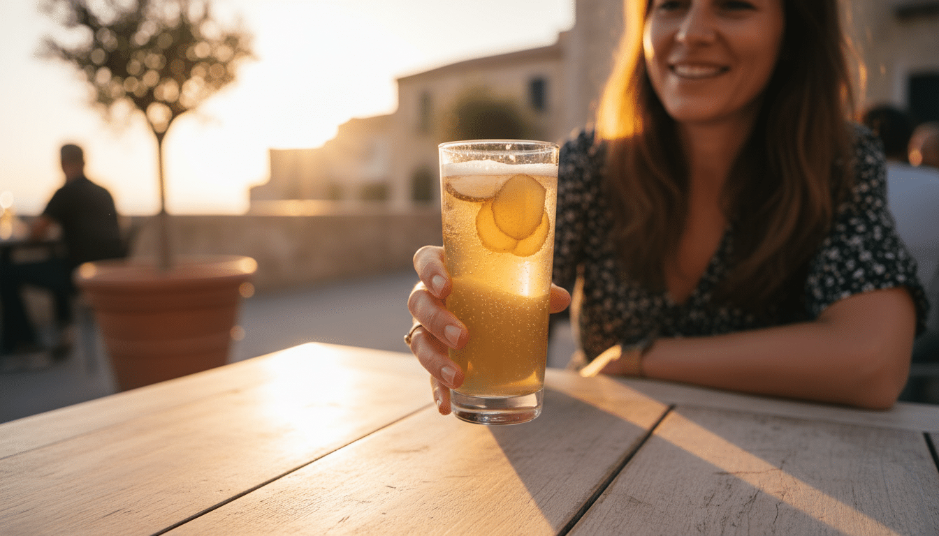 Verre de ginger beer dorée servi à l'apéritif