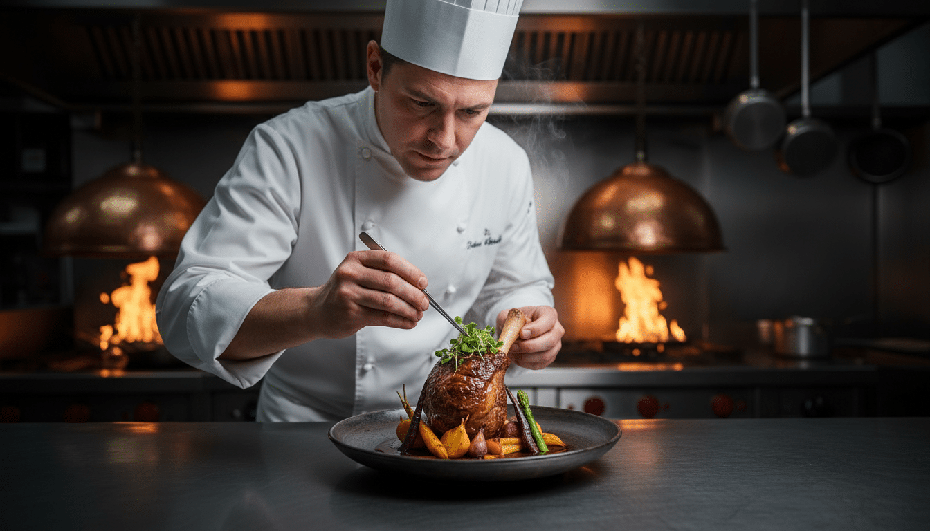 Chef préparant un plat de saison en cuisine