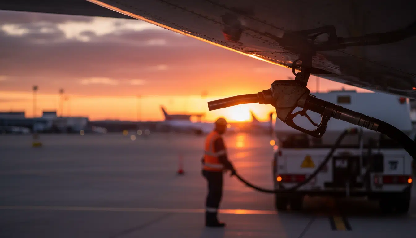 Ravitaillement en kérosène d'un avion au coucher du soleil