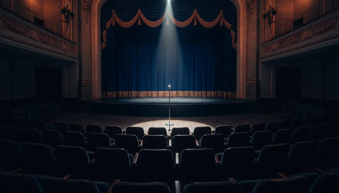 Salle de concert française vide avec un micro éclairé par un projecteur, symbolisant une tournée sous tension