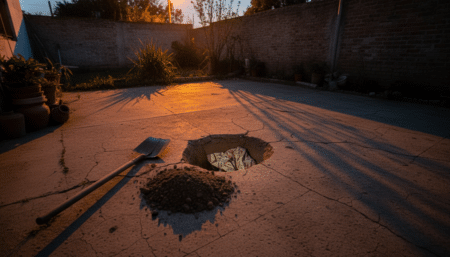 Patio d'une maison à Claypole avec un trou creusé dans la terre