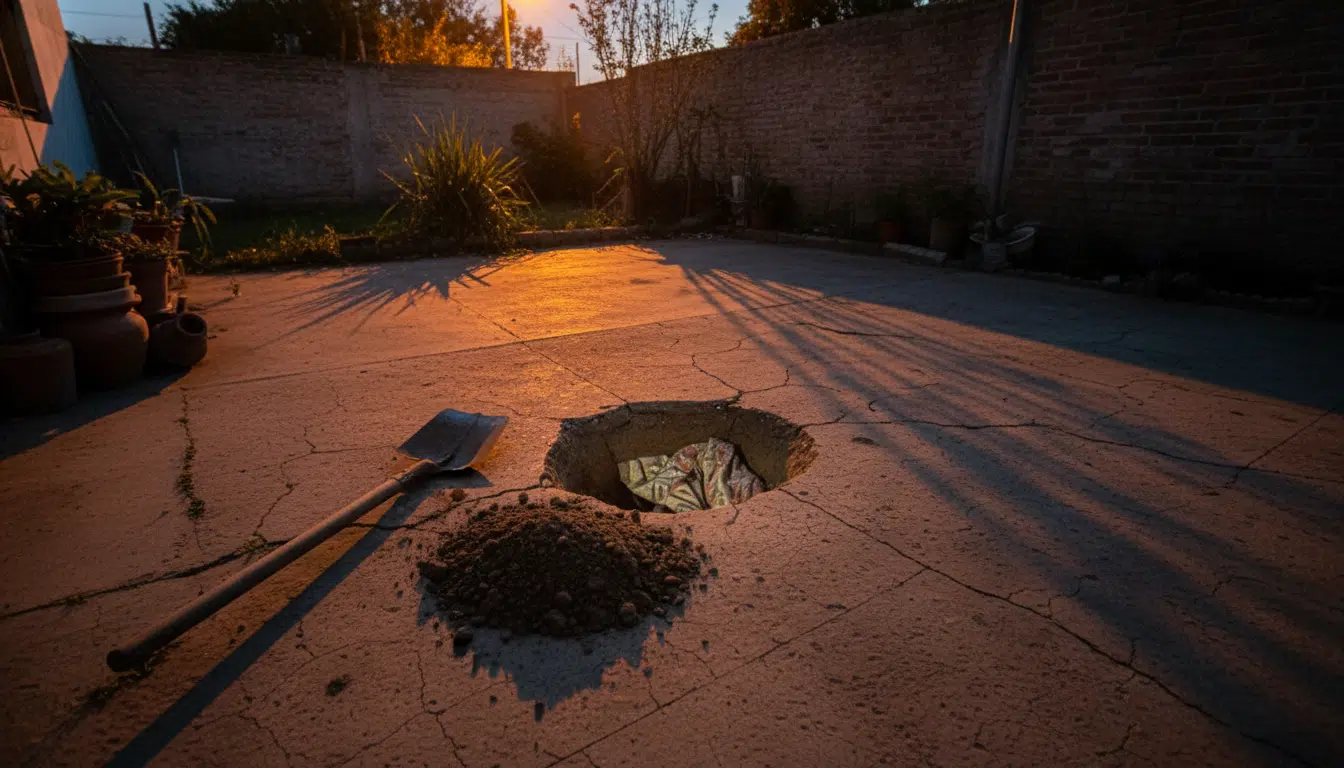 Patio d'une maison à Claypole avec un trou creusé dans la terre