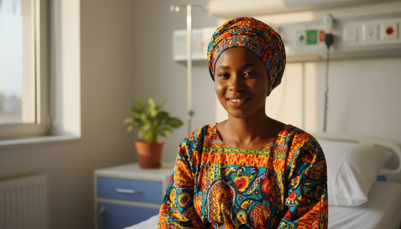 Jeune femme malienne souriante en tenue traditionnelle à l'hôpital