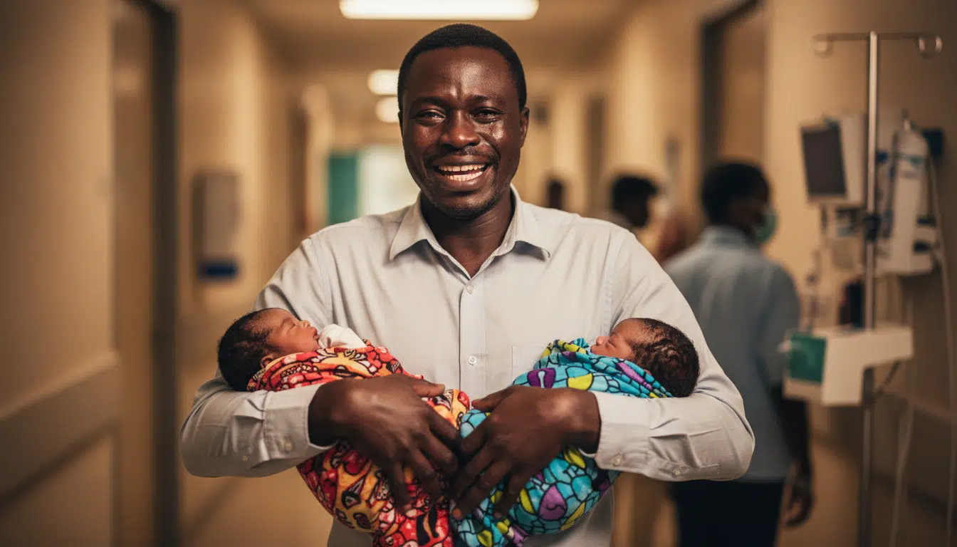 Père ému tenant deux nouveau-nés dans ses bras à l'hôpital