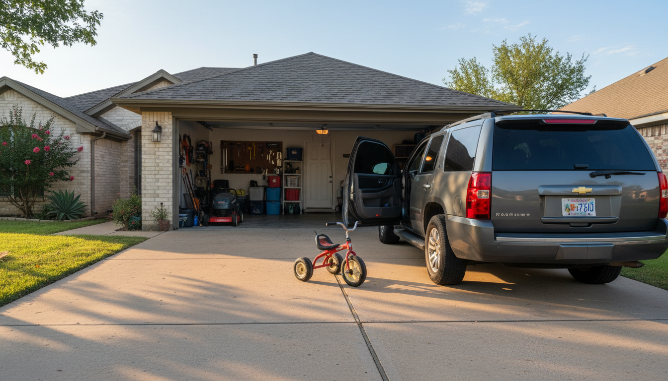 Allée de garage au Texas avec un SUV familial