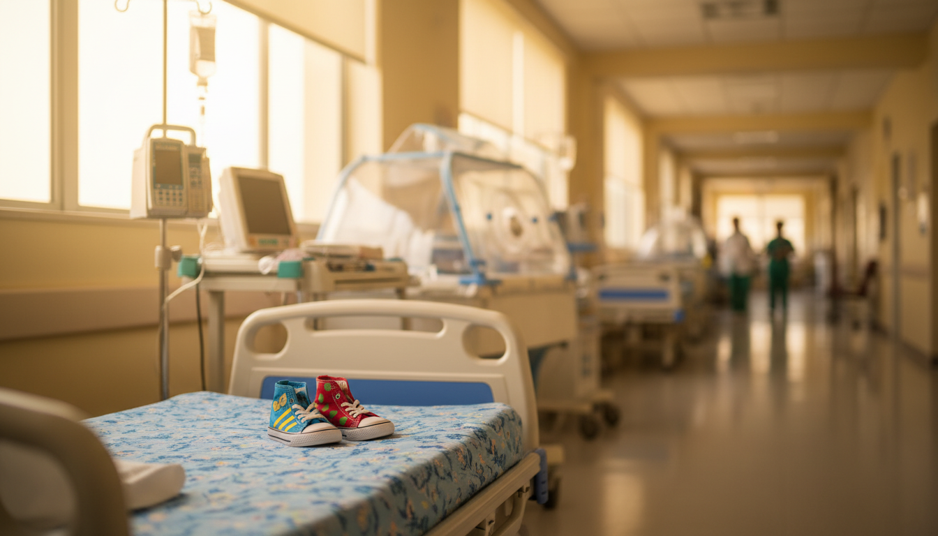 Chaussures d'enfant sur un lit d'hôpital pédiatrique