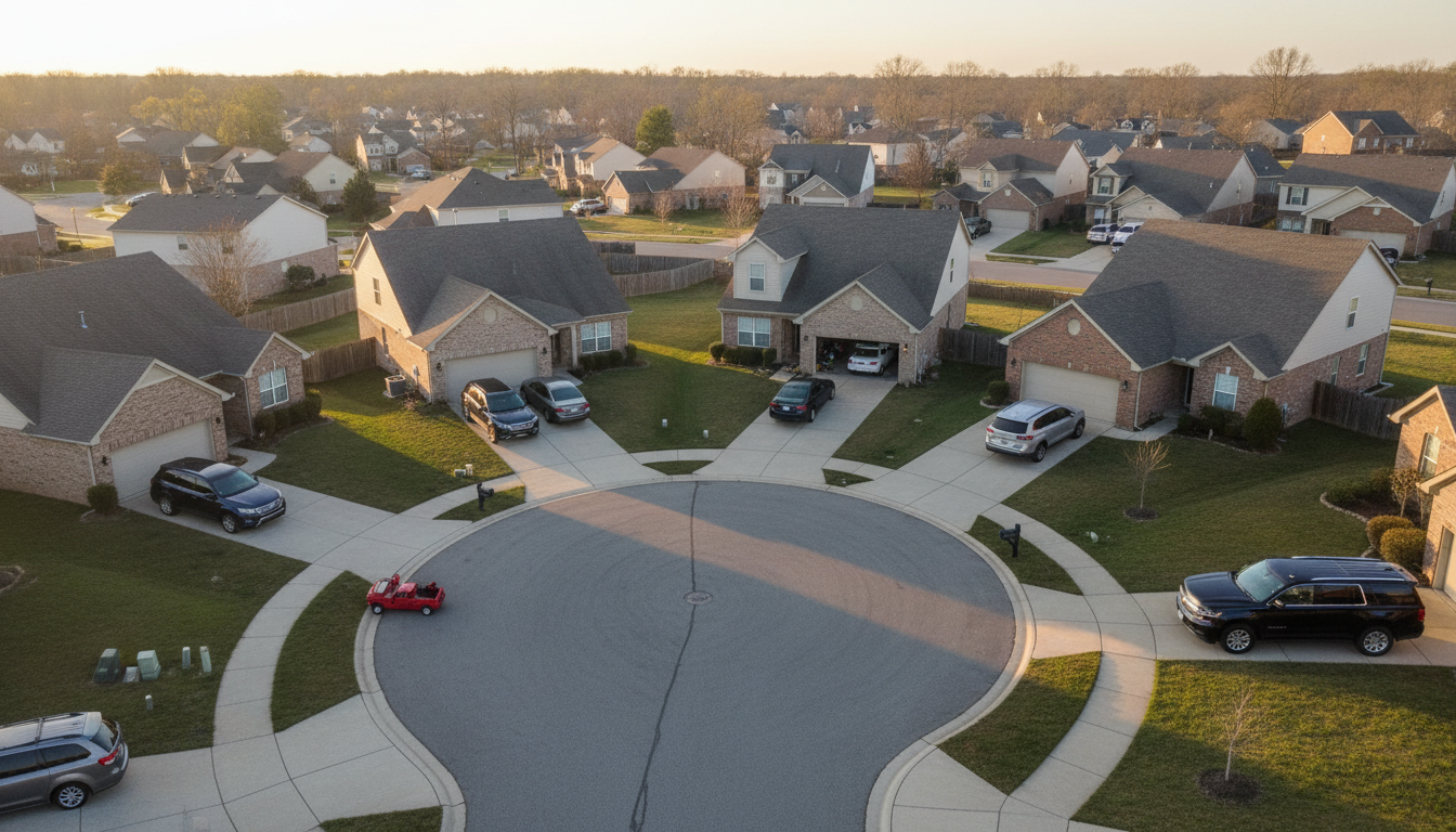Vue aérienne d'une rue résidentielle américaine avec véhicules garés