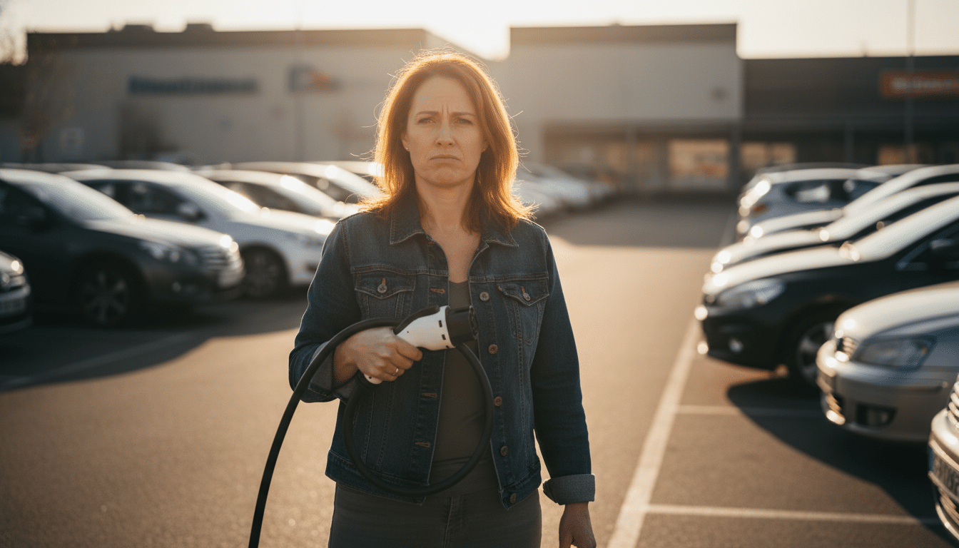 Femme frustrée tenant un câble de recharge électrique
