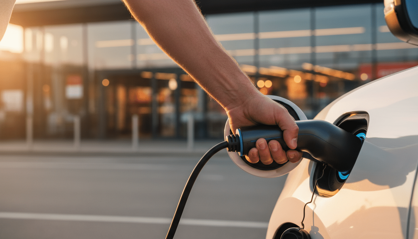 Mains branchant un câble de recharge sur voiture électrique