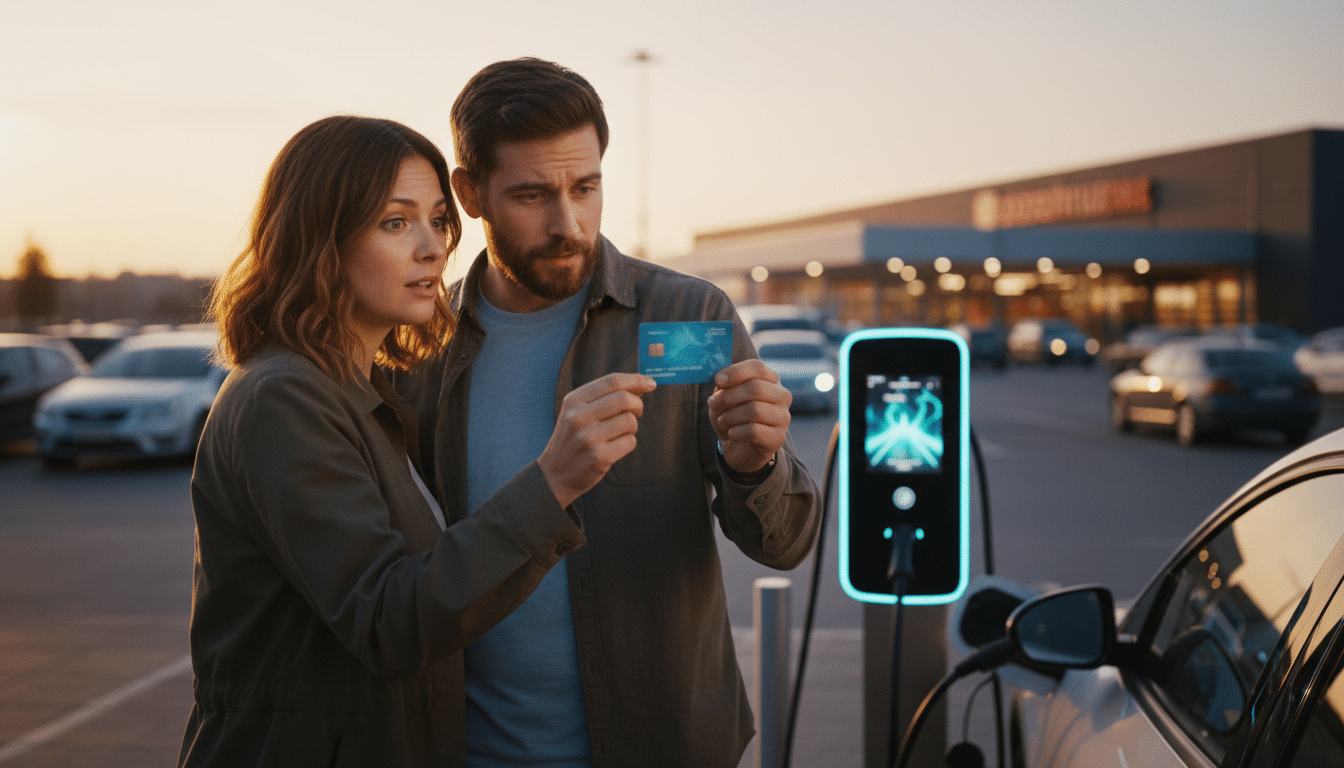Couple regardant une borne de recharge et carte fidélité