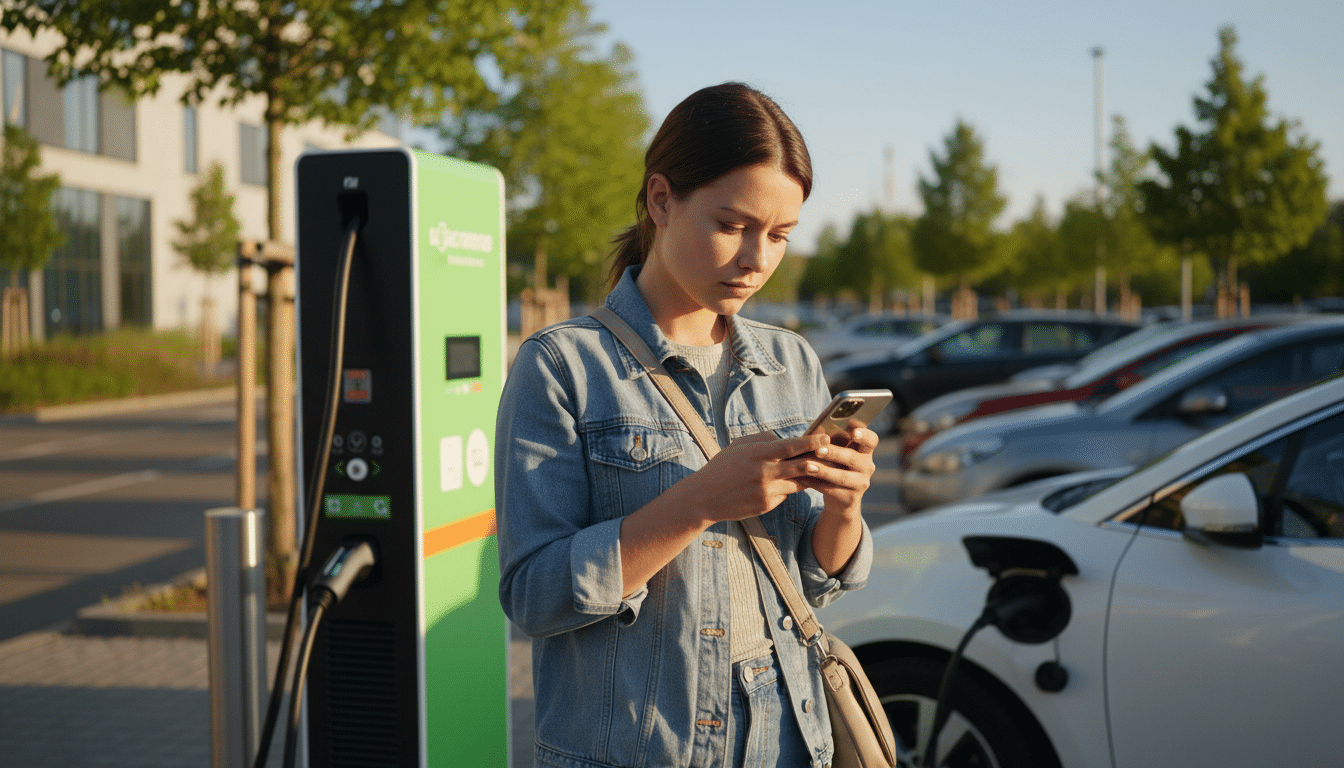 Femme vérifiant son téléphone près d'une borne de recharge