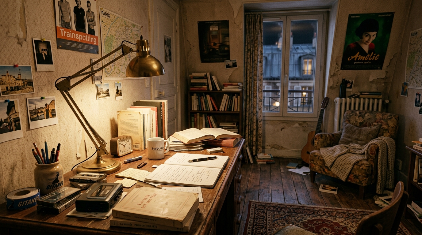 Appartement parisien des années 90 avec bureau encombré de livres et lampe de bureau