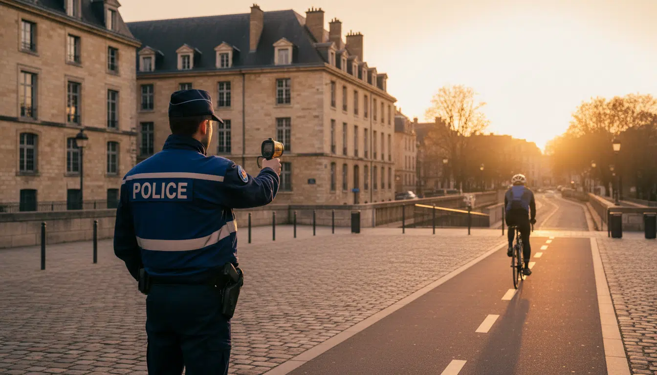 Contrôle de vitesse policier sur une piste cyclable urbaine