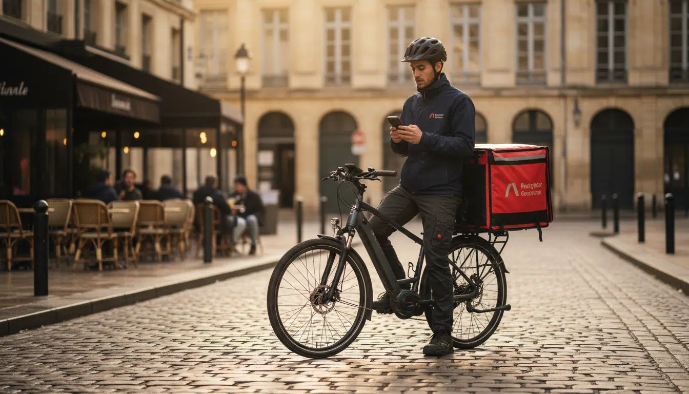 Livreur à vélo électrique dans une rue de Bordeaux