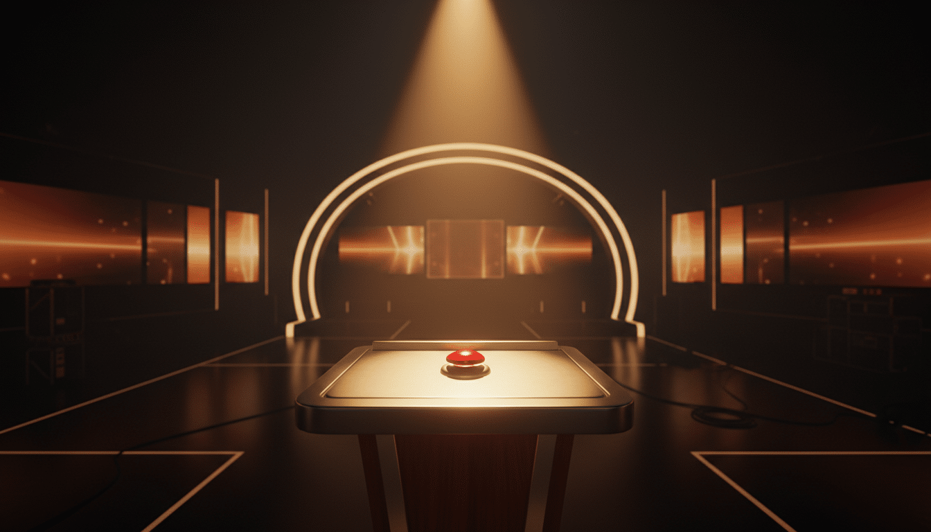 Pupitre vide sur un plateau de jeu télévisé sous un projecteur doré, symbolisant le départ imminent de Cyprien