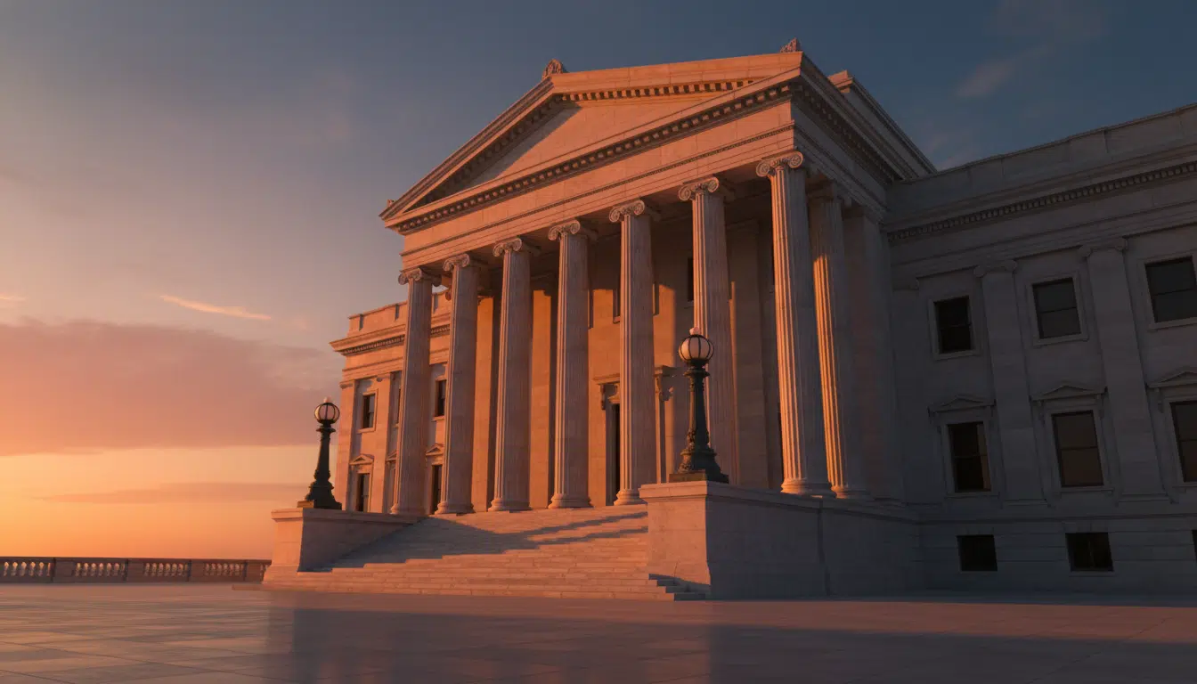 Façade d'un palais de justice néoclassique au coucher du soleil, symbolisant les procédures judiciaires en cours contre Patrick Bruel