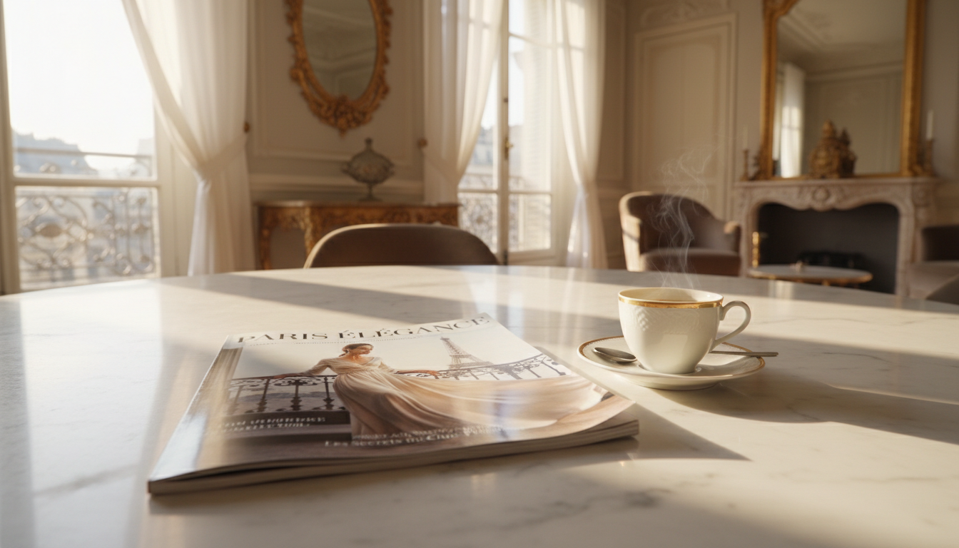 Couverture de magazine posée sur une table en marbre dans un appartement parisien