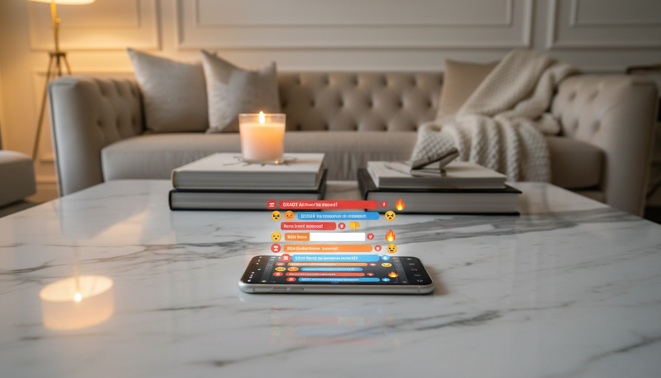 Écran de smartphone affichant des réactions enflammées sur les réseaux sociaux