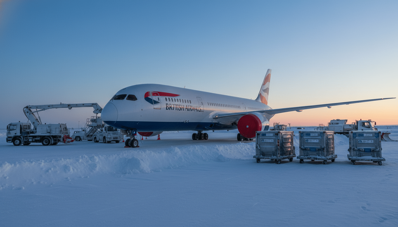 Avion British Airways immobilisé sur le tarmac enneigé canadien
