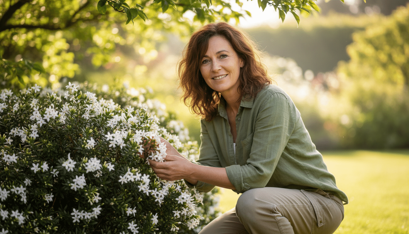 Femme souriante devant un osmanthus en fleurs au printemps